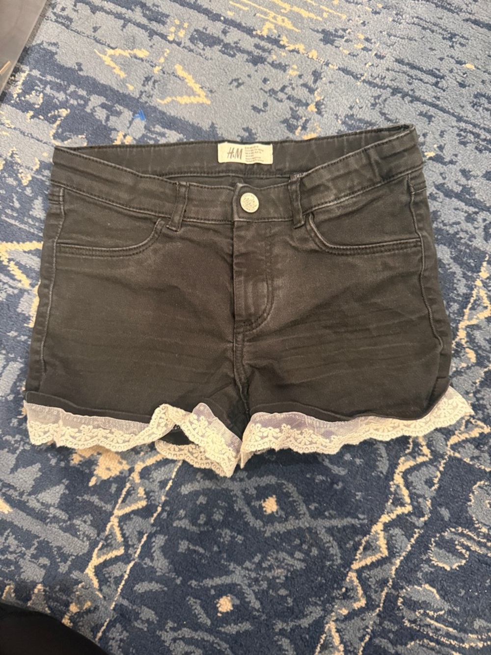 H&M Black Denim Shorts with Cream Lace Hem